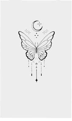 a black and white drawing of a butterfly with the moon in it's wings