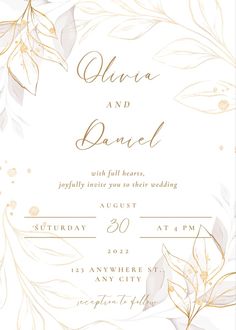 a wedding card with gold leaves on it