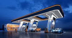 three cars are parked in front of an empty gas station at night with the lights on