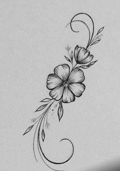 a black and white drawing of flowers with swirls on the bottom half of it