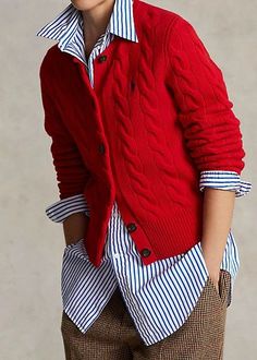 Vestiti In Jeans, Red Cardigan, Red Sweater, Striped Blouse