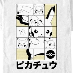 a white t - shirt with an image of pikachu and other pokemon characters