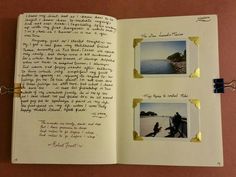 an open book with photos and writing on the pages, in which two people are fishing