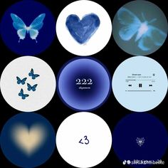 a bunch of different types of buttons on a black background with blue and white butterflies