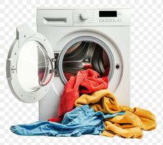 a washing machine with clothes next to it on a white background, hd png