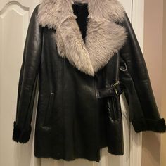 Genuine Leather And Real Fur Jacket - Black. Includes An Attached Belt And Two Exterior Pockets. Very Soft Leather. Bought At A Fur Vault/Store. Black Dyed Shearling. Worn Twice. Classic Leather Jacket For Winter Evenings, Elegant Black Outerwear With Faux Fur Lining, Elegant Black Leather Jacket With Faux Fur Trim, Elegant Black Leather Fur Coat, Chic Black Leather Fur Coat, Elegant Leather Jacket With Faux Fur Lining For Fall, Elegant Leather Jacket With Faux Fur Trim, Real Fur, Leather Jackets