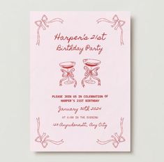 a pink birthday party card with red ink