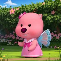 a cartoon bear in a pink dress holding a butterfly