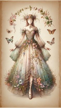 Elf Prom Dress, Nature Fairy Outfit Ideas, Fairy Fashion Illustration, Elven Dress Drawing, Winter Cosplay Ideas, Beltane Dress, Fairy Dress Drawing, Fantasy Dress Fairy, Fae Clothes