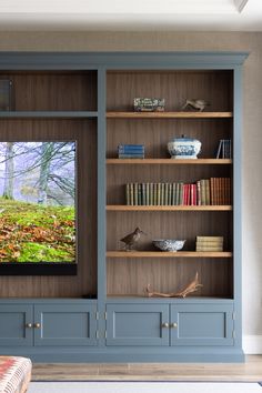 a living room with blue bookcases and books