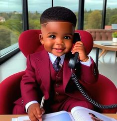 a young boy in a red suit sitting at a desk while talking on the phone