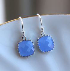 a pair of blue earrings on a white plate