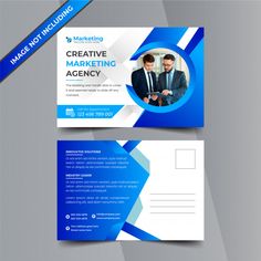 a blue and white business card with an image of two men in suits on it