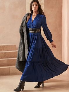 Petite Satin Tiered Maxi Dress | Banana Republic Maxi Dress Elegant, No Waist, Shirt Dress Outfit, Long Blue Dress, Classic Style Outfits, Maxi Sundress, Blue Maxi, Tiered Maxi Dress, Banana Republic Dress