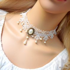 Property:lace+and+charm    Color:+off+white    description:+Lace+a+maximum+width+of+about+30m+x+4cm,extend+chain White Lace Choker, Pearls And Lace, Fairy Witch, White Goth, Goth Necklace, Lace Necklace, Lace Jewelry, Pearl And Lace, Dangle Charms