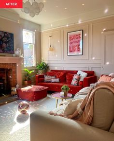 a living room filled with furniture and a fire place in front of a tv mounted on the wall