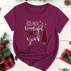 Orcajump - Plus Size Christmas T-shirt, Women's Plus Plaid Christmas Tree & Slogan Print Short Sleeve Round Neck Slight Stretch T-shirt Tree Slogan, Plus Size Christmas, Plaid Christmas Tree, Long Sleeve Tops Casual, Sunflower Print, Christmas T Shirt, Plaid Christmas, T Shirt Women, Christmas Tshirts