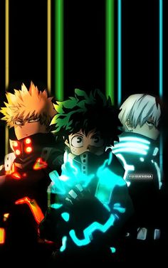 three anime characters standing next to each other in front of green and yellow lights on black background