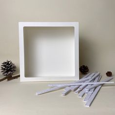 a white box sitting on top of a table next to some pine cones and sticks