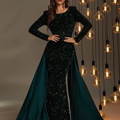 Xs=2 S=4 M=6 L=8/10 Xl=12 Xxl=14 Brand New Ships In 6-10 Days Handmade Color: Dark Green Style: Party Pattern Type: Plain Details: Backless, Zipper Type: Bodycon Neckline: Round Neck Sleeve Length: Long Sleeve Sleeve Type: Regular Sleeve Waist Line: High Waist Hem Shaped: Mermaid Length: Long Fit Type: Slim Fit Fabric: Medium Stretch Material: Sequins Composition: 100% Polyester Care Instructions: Hand Wash,Do Not Dry Clean Body: Lined Sheer: No Lining: 100% Polyester Tags: Spring Summer Fall Wi Sequin Mermaid Dress, Fashion Fantasy, Long Sleeve Sequin, فستان سهرة, Sequin Fabric, Quinceanera Dresses, Green Fashion, Guest Dresses, Festival Fashion