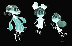 three cartoon characters in different poses on a black background, one is wearing a blue dress and the other has a white bow