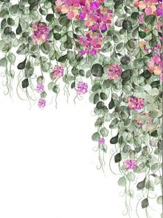 an artistic painting of pink flowers and green leaves