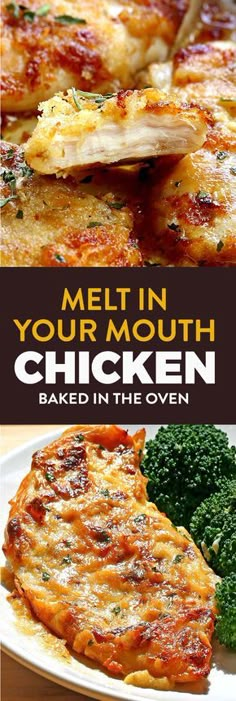 the cover of melt in your mouth chicken baked in the oven with broccoli