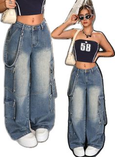 Y2k Straight Leg Denim Jeans, Non-stretch Denim Cargo Jeans For Streetwear, Blue High-waist Y2k Cargo Jeans, Y2k Style Baggy Denim Pants, Y2k Baggy Denim Pants, Y2k High-waist Denim Jeans, Y2k High Waist Denim Jeans, High Waist Y2k Denim Jeans, Y2k Style Straight Leg Blue Cargo Jeans