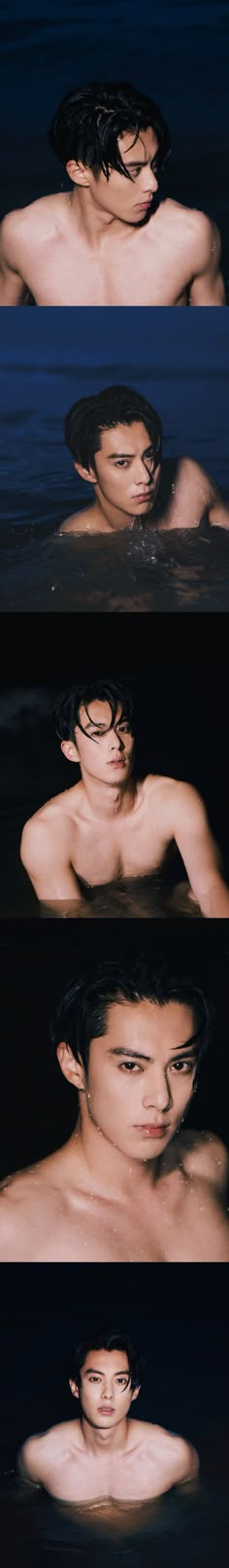 three different shots of a man in the water with no shirt on and his face partially submerged