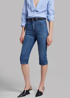 Color: Blue Midweight cotton denim  Regular fit  High waist Slant hip pockets Back patch pockets with a single belt detail Belt loops  Zip fly  Front button closure Unlined 100% Cotton Machine Wash Cold  By Coperni. Made in Italy Open Collar Shirt, Cropped Denim Pants, Back Patch, Cropped Denim, Collar Shirts, Denim Pants, Bottoms Pants, Patch Pocket, High Waist