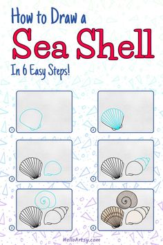 Step by step images demonstrating how to draw a sea shell drawing - A Drawing Lesson for Beginners! Sea Shell Drawing, Shell Drawing, Ocean Drawing, Drawn Fish, Construction Paper Crafts, Easy Drawing Steps, Drawing Lesson, Fish Drawings