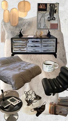 a collage of furniture and accessories including a bed