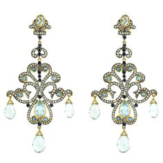 14kt Gold:10.68g Diamond:3.12ct Silver:13.12g Aquamarine:23.82Cts, Sapphire:0.8Cts Aquamarine Blue, 14kt Gold, Chandelier Earrings, Gold And Silver, Aquamarine, Blue Sapphire, Silver Gold, Diamond Earrings, Sapphire