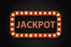 an illuminated sign with the word jackpot in bright bulbs on a dark background illustration