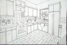 a drawing of a kitchen with white cabinets