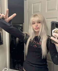 White Blonde Hair With Bangs, Goth With Blonde Hair, Silver Platinum Hair Dark Roots, Platinum Blonde Hair Bangs, Platinum Hair With Bangs, Platinum Hair Aesthetic, Alternative Long Hair, Blonde Alternative Hair, Blonde Hair Emo