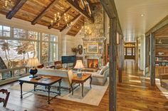 a living room filled with furniture and a fire place in the middle of a room