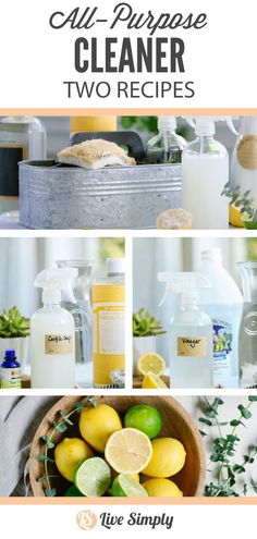 all purpose cleaner two recipes with lemons, limes and other cleaning products in the background