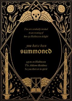 a black and gold halloween party card with a skull on the front, surrounded by two candles