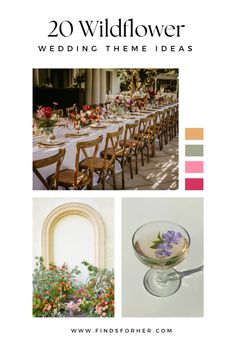 an image of a table setting with flowers and vases on it, along with the words 20 wildflower wedding theme ideas