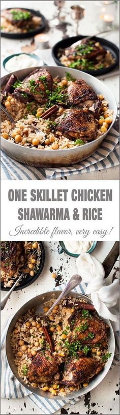 one skillet chicken shawarma and rice is shown in two different pans