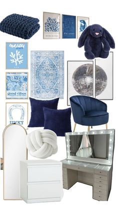 a blue and white room with pictures on the wall, chair, mirror, lamp, rugs, pillows, pillow