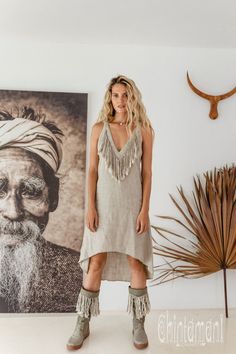 Fringe Linen Dress Boho Women Clothing Linen Asymmetrical | Etsy Fringe Clothing, High Low Midi Dress, Fringe Mini Dress, Linen Dress Women, Hippie Dress, Grey Midi Dress, Goddess Dress, Mode Boho, Dress Linen