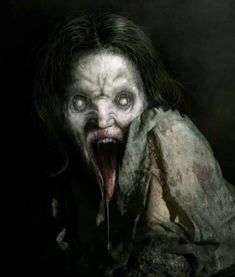 a creepy looking woman with her mouth open and blood dripping from it's mouth