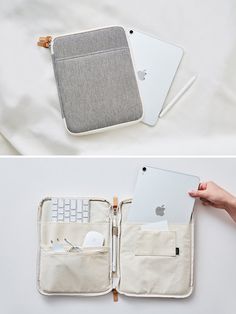 an open zippered pouch with a laptop inside