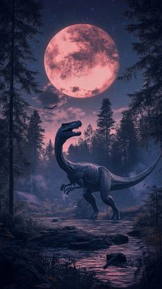 an image of a dinosaur in the woods at night