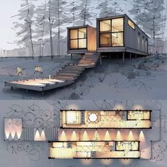 two renderings of a house with stairs leading up to the top and bottom floor