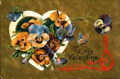 an old fashioned valentine's day card with pansies and butterflies in the shape of a heart