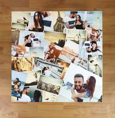 a wooden table topped with lots of pictures on it's side and a cell phone in the middle