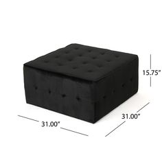 a black ottoman is shown with measurements for it